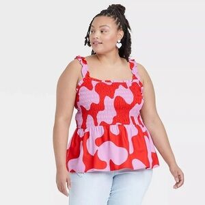 Ava & Viv 1X Red Pink Abstract Print Smocked Top